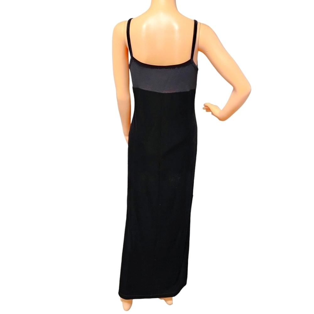 VTG 579 Black Velvet Evening Gown Sz 1 Floral Shimmer Bodice Slit Whimsigoth 90s - Picture 7 of 15